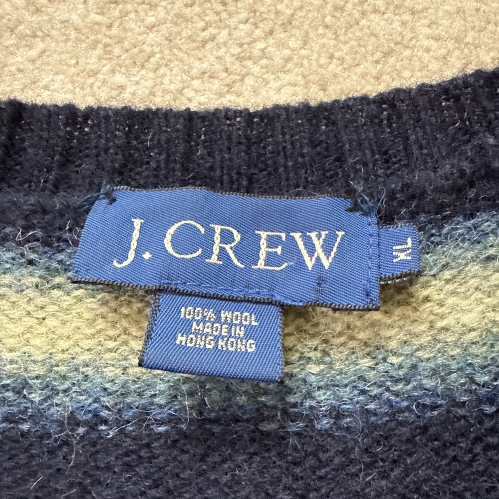 VTG J Crew 100% Wool Striped Sweater Men's XL 90s Preppy Indie Blue - Picture 3 of 7